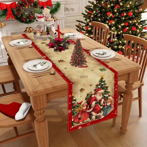 13x48 Holiday Festive Red & Green Retro Holiday Christmas Table Runner - Picture 1 of 2